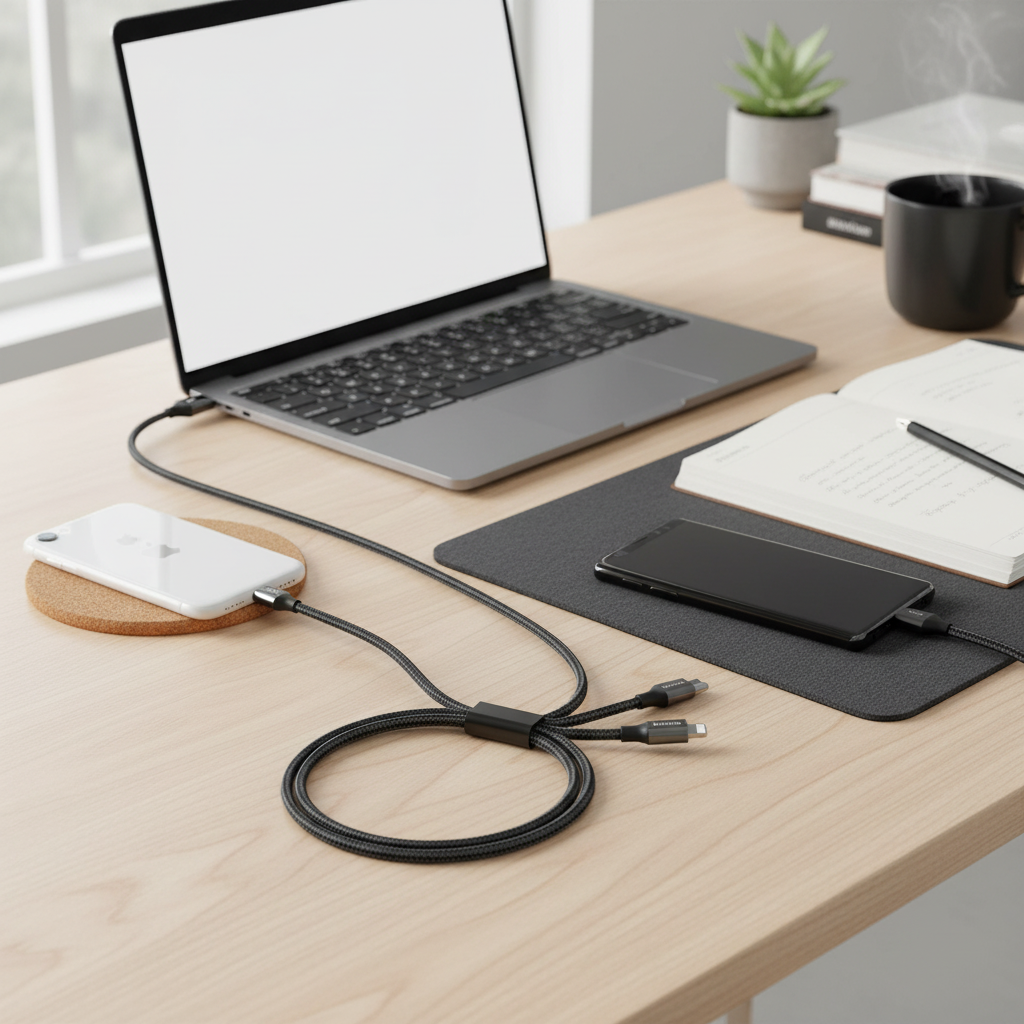 3-in-1 cable on office desk with laptop